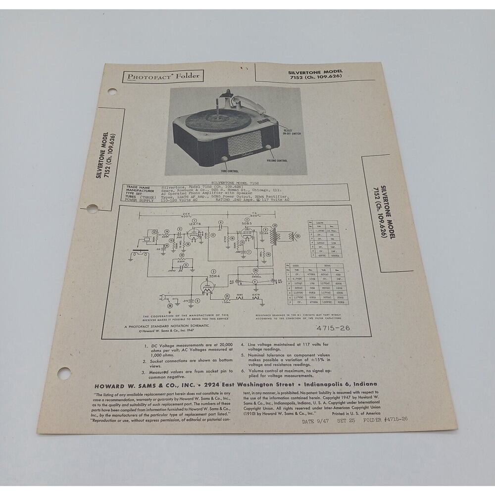 VTG Howard Sams 1947 Radio Photofact Folder Silvertone Model 7152 Ch. 109.626